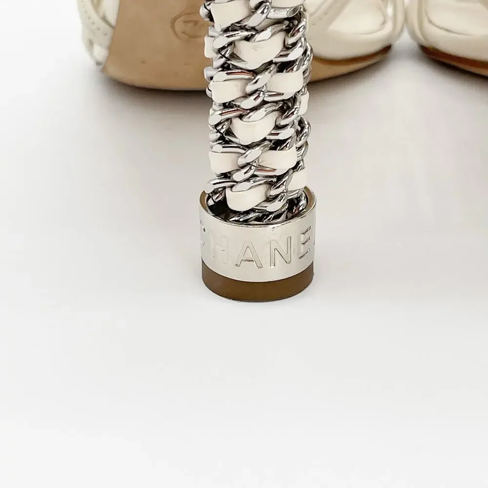 Chanel Ivory Leather Caged Coco Tower Chain Link Heel Ankle Zip Sandals EU 39